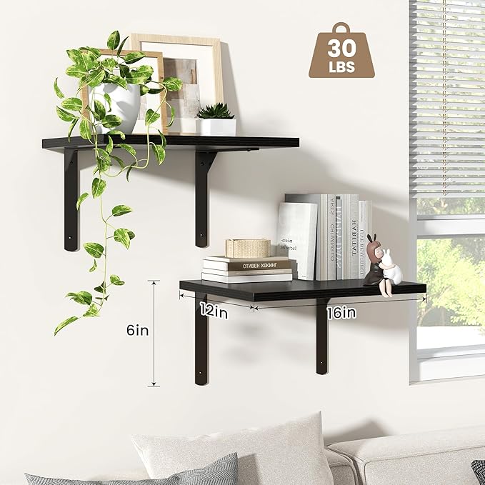 Fun Memories Floating Shelves for Wall, 12 Inch Deep Floating Shelves Set of 2, Wall Mounted Shelf with Metal Brackets, Rustic Wood Wide Shelf for Bathroom, Kitchen and Living Room, Black, 16W x 12D-NeatNest