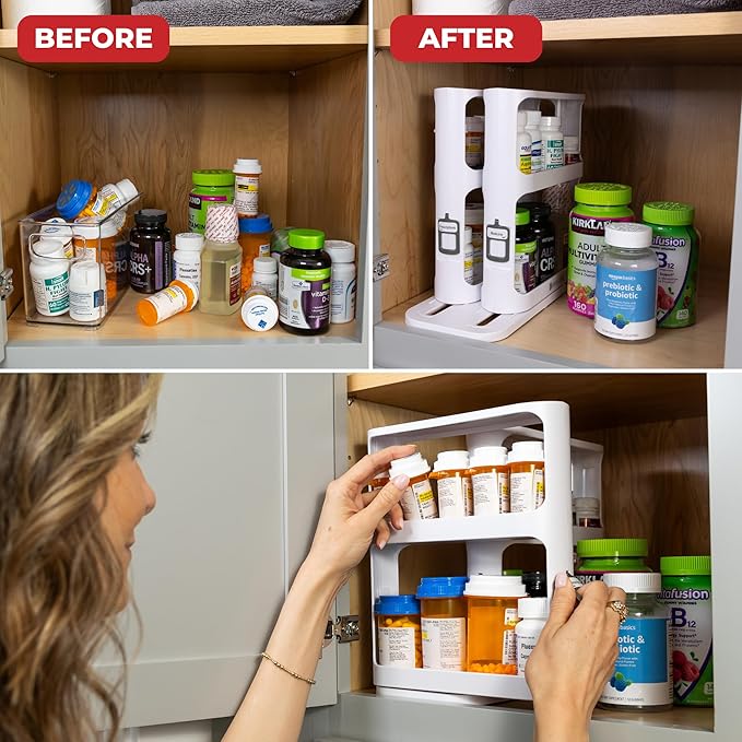 Cabinet Caddy Spice Rack Organizer for Cabinet - Slide & Rotate Kitchen Organizers and Storage - 2 Double-Decker Shelves - Non-Skid Base - Magnetic Modular Design - 10.8" H x 5.25" W x 10.8" D-NeatNest