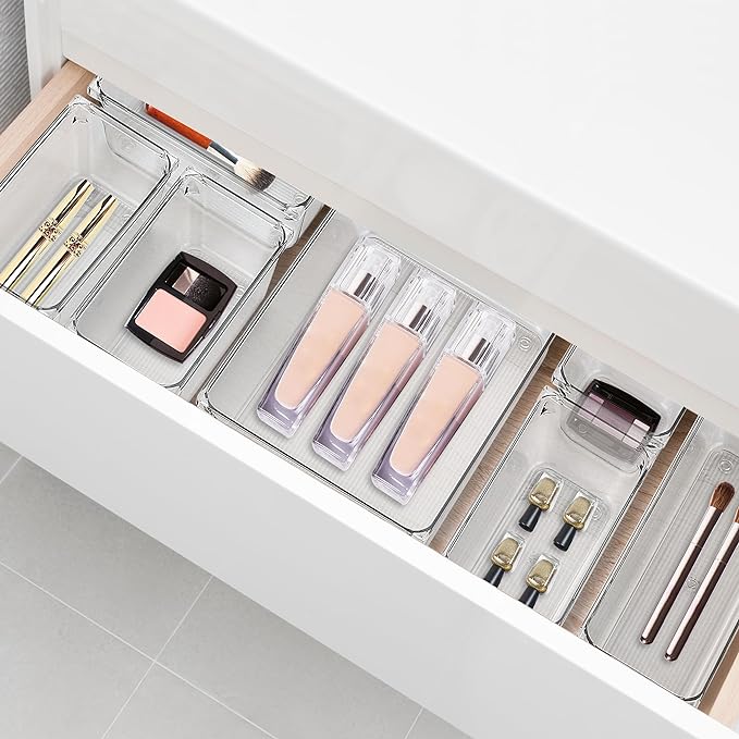 12 Pack Drawer Organizer - 3" X 6" Clear Acrylic Storage Bins with Non-Slip Pads, Versatile Desk Tray for Makeup, Jewelry, Kitchen, Bathroom, and Office Organization-NeatNest