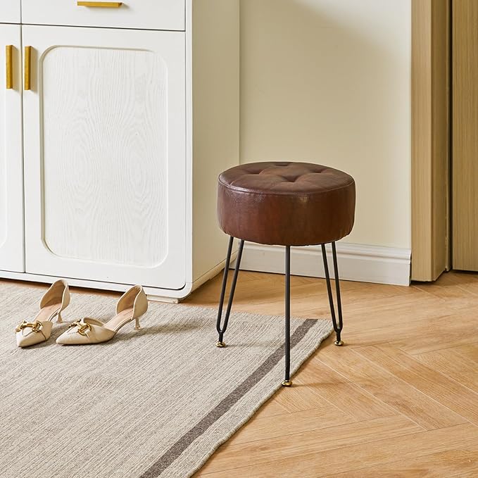 IBUYKE Faux Leather Round Footrest Stool, Makeup Vanity Stool Side Table, PU Dressing Table Seat, Pouf Couch Stool, Golden Steel Legs, Dark Brown LG-31Z
