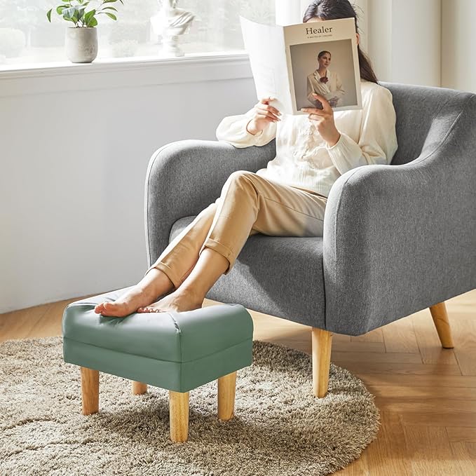 YMYNY Small Footstool Ottoman, Faux Leather Footrest with Sponge Padded Seat, Step Stool for Sofa, Bedroom, Living Room, Entryway, Modern Change Shoes Stool 15.75"D × 11.42"W×12.6"H Green UHBD040GR