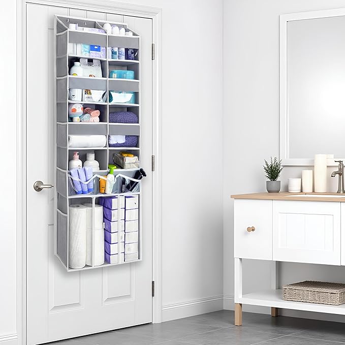 Extra Large Over The Door Organizer with Clear Pockets - 8 Compartments & XL Bottom Storage, Heavy-Duty Hanging Organizer for Bathroom, Bedroom, Closet (57 Inch Height,Grey).