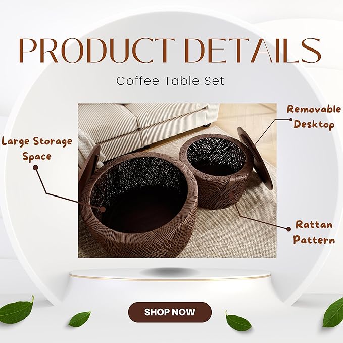 chairus Nesting Coffee Table Set of 2 Woven Round Coffee Table with Storage Solid Wood Side Table for Small Spaces, Living Room, Bedroom, Office, Dark Brown-NeatNest