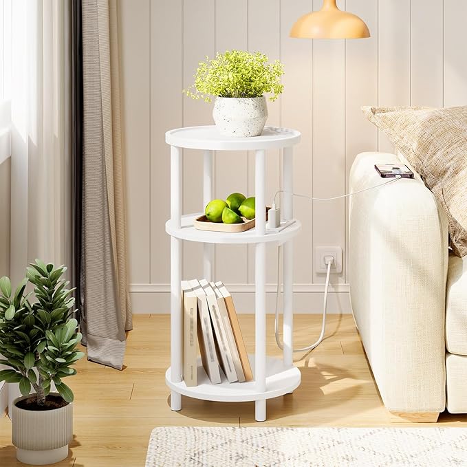 HOOBRO Set of 2 Small Round Side Tables with Charging Station, 3-Tier Round Bamboo End Tables, Easy Assembly, for Living Room, Bedroom, Apartment, White WT152UBZP201