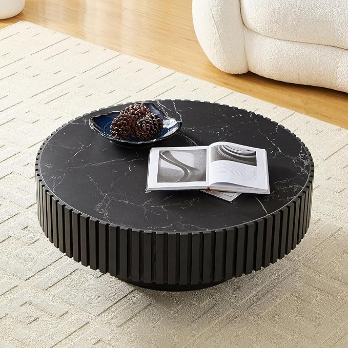 Coffee Table Stone Round 35.43'' for Living Room Modern Coffee Tables Wood Circle Drum Tea Fluted Solid Wooden Veneer Sintered Tabletop Handcraft Home Furniture for Apartment Easy Assembly Black-NeatNest
