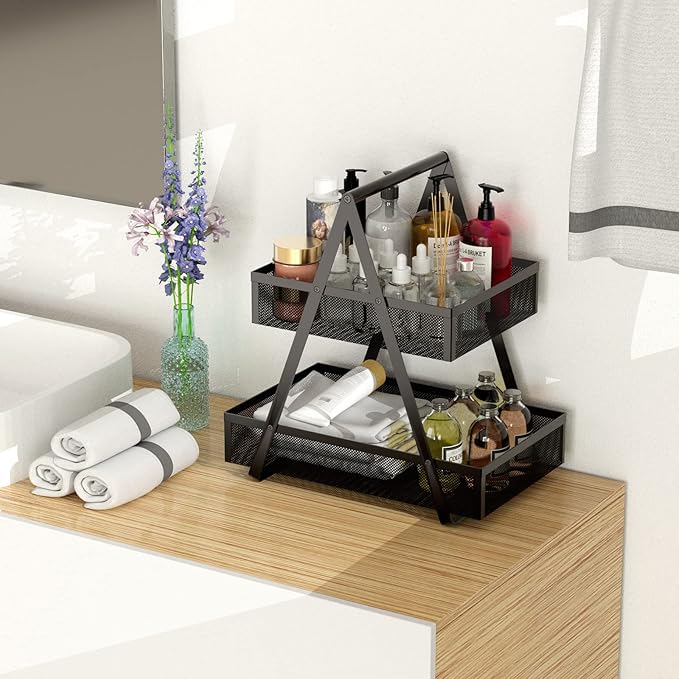 EKNITEY Tiered Snack Organizer Countertop - Metal Kitchen Counter Organizer Small Coffee Station Organize for Home, Picnic, Office (Black)-NeatNest