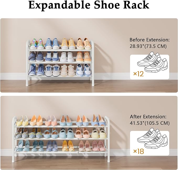 Shoe Rack for Closet, 3 Tier Shoe Organizer, 28“ Metal Shelf Can Expandable to 42“, for Closet, Entryway, Bedroom, Garage, Adjustable to 18 Pairs Shoes, White-NeatNest