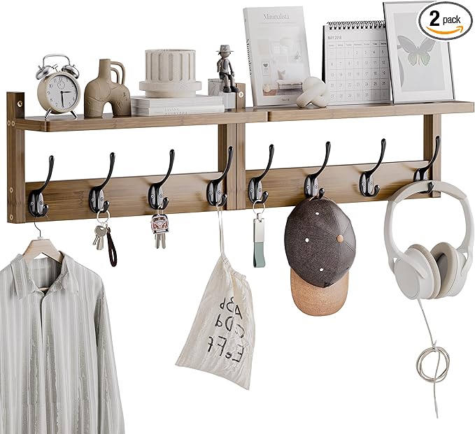 Coat Rack with Shelf Wall Mount, Entryway Bamboo Hanging Shelf, Set of 2, Wall Hook Rail for Hallway Décor, Storage Clothe, Hat, Robe, Key, Dog Leash (Walnut)-NeatNest