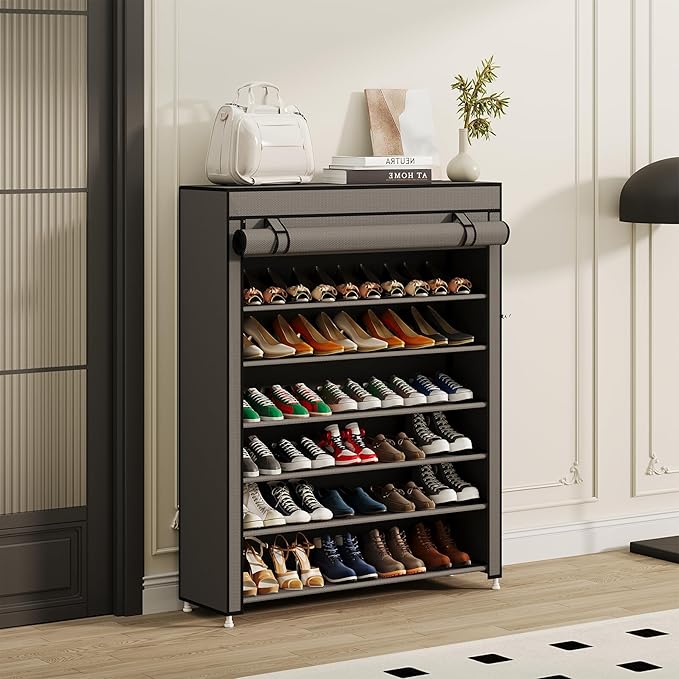Calmootey 7 Tier Shoe Rack Organizer to Hold 35 Pairs, Portable Shoe Shelf with Nonwoven Fabric Cover for Closet Hallway, Bedroom, Entryway, Grey-NeatNest