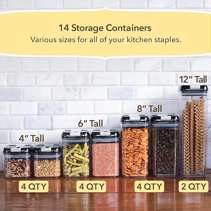 Simply Gourmet Airtight Food Storage Containers with Lids – 7 Piece Assorted Size Kitchen Pantry Organization Set, BPA-Free Clear Plastic, Stackable Containers for Cereal, Flour, Sugar, Rice, Snacks