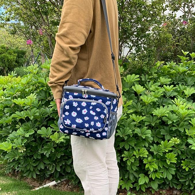 FlowFly Insulated Reusable Lunch Bag Adult Large Lunch Box for Women and Men with Adjustable Shoulder Strap,Front Zipper Pocket and Dual Large Mesh Side Pockets,Daisy-NeatNest
