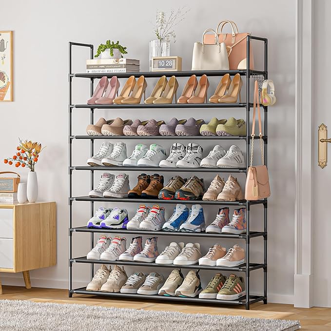 8 Tier Shoe Organizer, 33.3in Wide x 11.2in Deep x 55.7in Tall, Black Metal and Plastic Shoe Rack, Holds up to 32-40 Pairs of Shoes-NeatNest