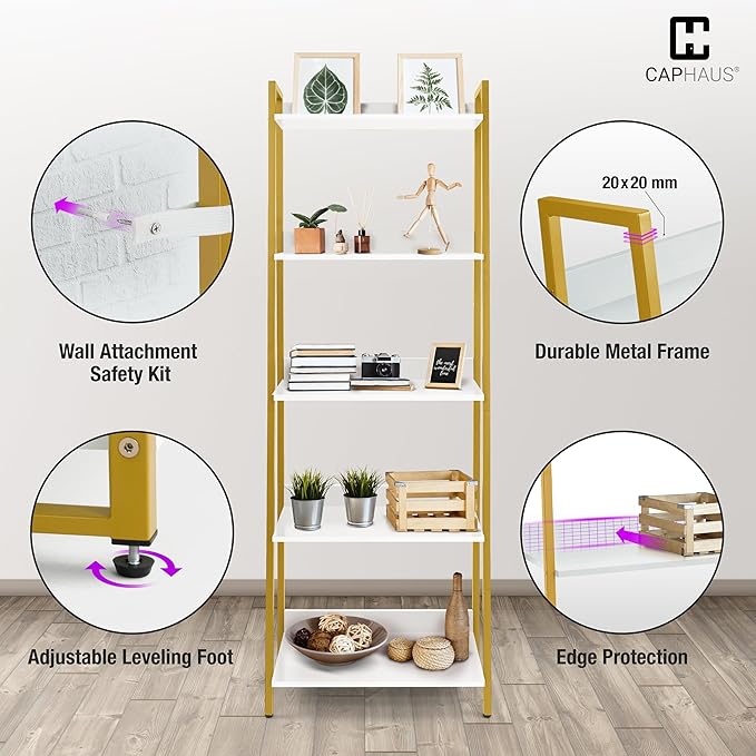 CAPHAUS 5 Tier Ladder Bookshelf, 24 Inch Width Free Standing Shelf, Bookcase Shelf Storage Rack Organizer, Industrial Book Shelves for Home Office, Living Room, Kitchen, White Shelves & Gold Frame-NeatNest