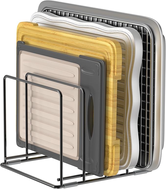 Kitchen Organizer Rack - 4-Slot Heavy-Duty Holder for Cutting Boards,Cookware – Rust-Resistant, Space-Saving Design with Non-Slip Feet for Countertop and Cabinet Storage (1 Pack)