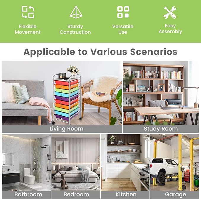 COSTWAY 10-Drawer Rolling Storage Cart, Utility Mobile Trolley with Removable Drawers & Universal Casters & 2 Brakes, Versatile Flexible Drawer Organizer Cart for Home, Office (Multi-Colored)-NeatNest