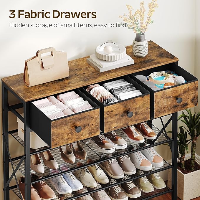 5-Tier Shoe Rack with 3 Drawers, Metal Shoe Organizer for 20 Pairs with Storage Shelves and Wooden Top, for Entryway, Hallway, Foyer, Closet, Rustic Brown and Black SS35BR-NeatNest