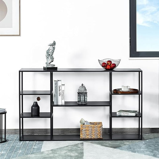 55 Inch Metal Console Table with 8 Storage Shelves,Extra Long Entryway Table,Narrow Sofa Table,Hallway Table for Entrances to Corridor, Foyer,Living Room (Black, 55.12×11.81×31.5in)-NeatNest