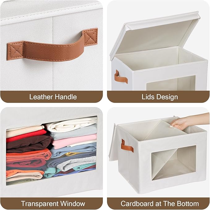 Univivi Storage Boxes with Lids Fabric Foldable Storage Bin for Clothes, [3-Pack] Closet Organizer Containers boxes with Handles for Home, Bedroom, Closet Storage (Beige,17” x 12” x 12")-NeatNest