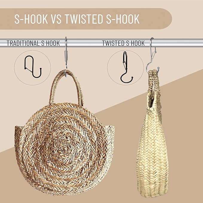 6 Purse Hanger for Closet. Tote Hanger. S-Shaped Hooks S Hooks Twist Design. Anti Drop S-Shaped Hook for hanging handbags with Safety Buckle to Prevent Falls. Heavy Duty. (Silver, Twisted)-NeatNest