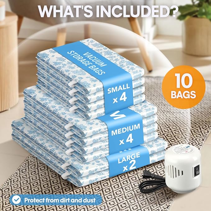 10 Pack Travel Vacuum Storage Bags with Electric Pump, 2 Large + 4 Medium + 4 Small Vacuum Sealer Bags, 80% Space Saver Bags for Luggage, Comforters and Blankets, Travel Essentials(Blue Flowers)-NeatNest