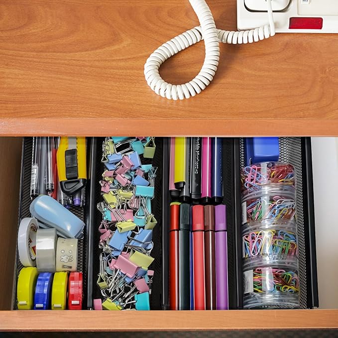 4PCS Drawer Organizer, Mesh Drawer Organizer with Interlocking Arm for Utensil, Cosmetic, Flatware, Pen (9 * 3 * 2 Inches, Black)-NeatNest