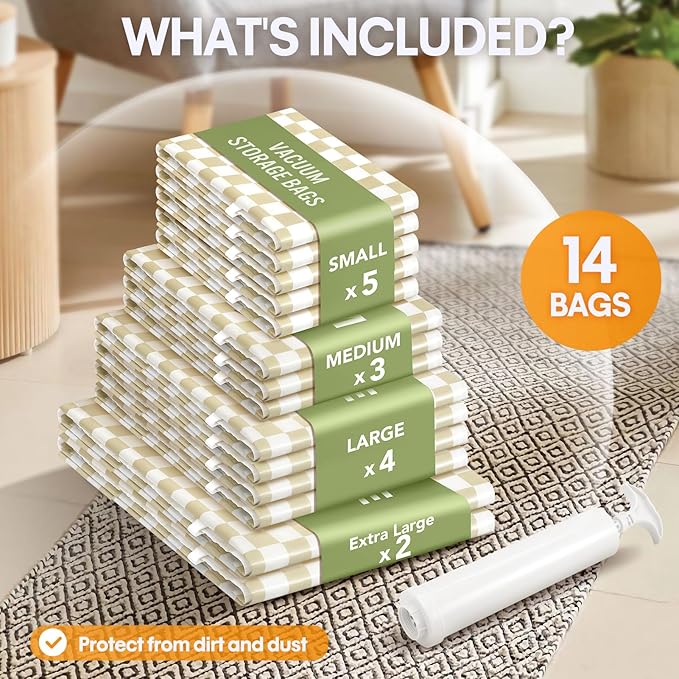 14 Pack Vacuum Storage Bags,Vacuum Seal Bags for Clothing with Hand Pump, 2 Jumbo+4 Large+3 Medium+5 Small, 80% Space Saver Bags for Luggage,Comforters,Blankets, Home Travel Essentials(Khaki Check)-NeatNest