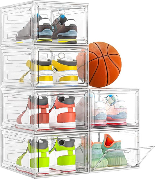 Thicken & Sturdy Clear Shoe Storage Organizer with Magnetic Door, Stackable Boxes for Closet, Foldable Space-Saving Shoe Rack for Sneaker Boot Container, Plastic Shoe Cabinet Shoe Box 6 Pack, White-NeatNest
