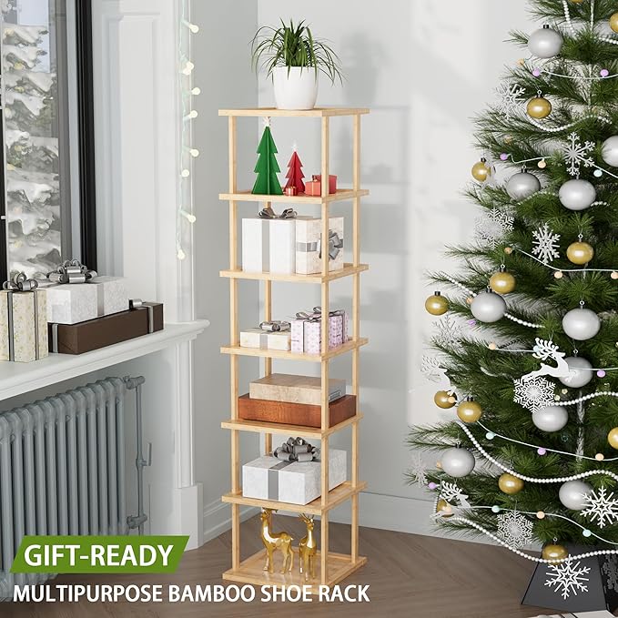Vertical Tall Shoe Rack For Entryway - Tall 7 Tier Free Standing Slim Narrow Bamboo Wood Shoe Boots Storage Shelf Small Spaces For Garage Closet Doorway Garage Living Room Storage for Kitchen Bathroom-NeatNest