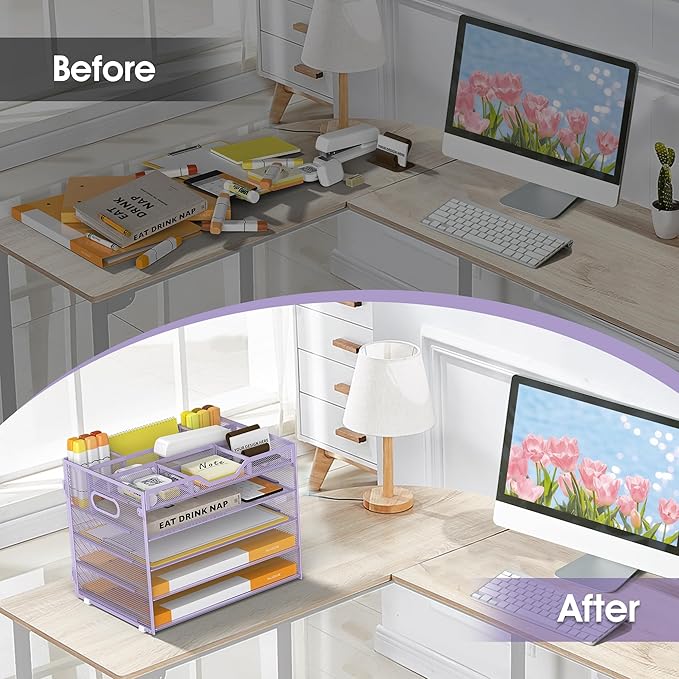 5 Tier Paper Letter Tray with 3 Drop-in Pen Holders, Mesh Desk File Organizer with Handle, Desk Organizers and Accessories for School,Home, Office Supplies Storage-Purple-NeatNest