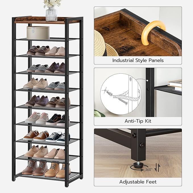 HOOBRO 10-Tier Shoe Rack, 20.5" L Shoe Storage Organizer, Narrow Shoe Shelf, Saving Space, Stable and Sturdy, Hold 18-20 Pairs of Shoes, for Entryway, Hallway, Living Room, Rustic Brown BF40XJ01-NeatNest