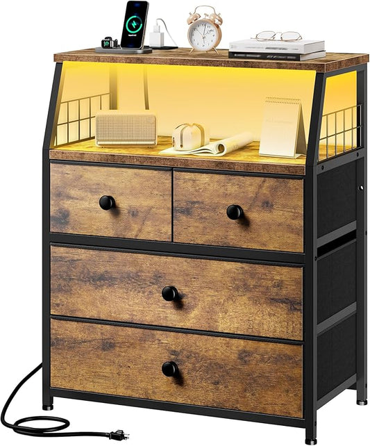 EnHomee Nightstand with Charging Station & LED Lights, 21.8" W Bedside Table with 4 Fabric Drawers, Night Stand with Outlets and 2 Ports for Bedroom, Table with Wood Shelf, Rustic Brown