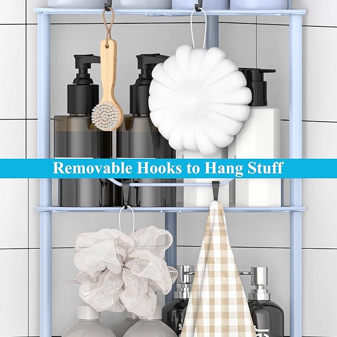 4 Tier Floor Standing Corner Shower Caddy Organizer Shelf with Hooks, Bathroom Shelves Stand Rack, Blue