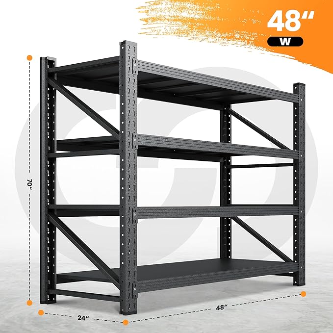 3000LBS Metal Storage Shelves, 48” W Heavy Duty Garage Shelving Units, 4 Tier Storage rack shelf, Steel Industrial Shelving , Adjustable Standing Shelf for Basement/Warehouse 48"W x 24"D x 70"H, Black-NeatNest