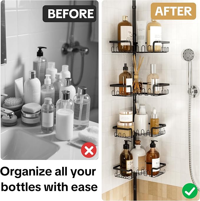 Corner Shower Caddy Tension Pole Adjustable 29–124 Inch, 4 Tier Shower Organizer, Rustproof Shower Racks for Bathroom Storage, Black