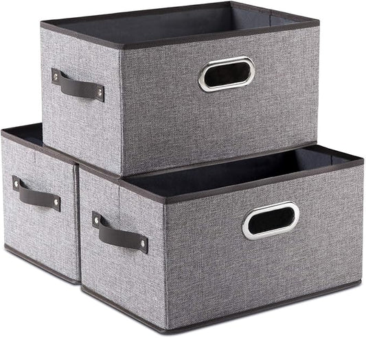 PRANDOM Large Foldable Storage Bins for Shelves [3-pack] Decorative Linen Fabric Storage Baskets Cubes with Leather/Metal Handles for Closet Nursery Office Grey and Black Trim (14.9x9.8x8.3 Inch)-NeatNest