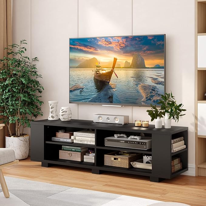 Giantex Modern TV Stand for TVs up to 65 Inch, Wood Entertainment Center w/ 8 Open Storage & Adjustable Shelves, Television Stands w/ 4 Cable Holes, TV Console Table for Living Room, Bedroom (Black)-NeatNest