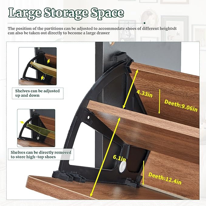 47" Fluted Large Shoe Cabinet with 4 Flip Drawers, Slim Freestanding Shoe Cabinet Organizer, Narrow Shoes Storage Rack for Entryway, 5 Sturdy Legs (Walnut and Black, 9.45" D x 47.24" W x 35.83" H)