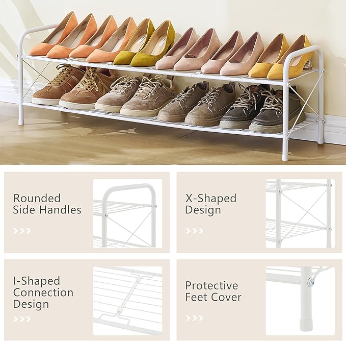 Hoctieon 2 Tier Shoe Rack for Closet, Durable Mesh Style Shoe Rack, Entryway Shoe Shelf, Shoe Storage Organizer for Hallway, Bedroom, Living Room, Wardrobe, White-NeatNest