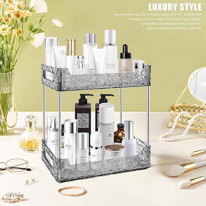 2-Tier Bathroom Counter Organizer Countertop Storage, Dresser Organizer Vanity Tray for Makeup, Perfume Organizer Cosmetics Skincare Shelf - Grey-NeatNest