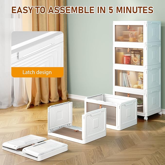 4 Tier Storage Bins with Lids, 23QT Stackable Closet Organizers and Storage with Wheels, Collapsible Storage Boxes, Foldable Plastic Storage Containers for Home,Office, Dorm Room-NeatNest
