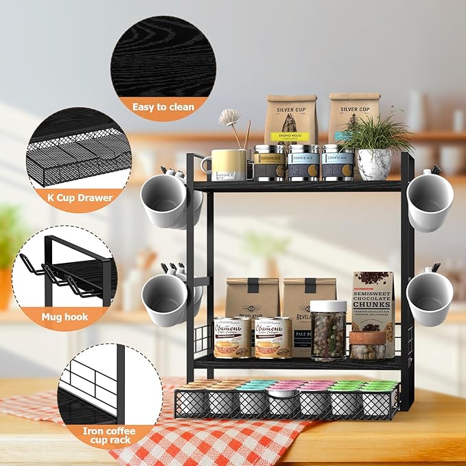 Coffee Bar Organizer, 3 Tier Station for Countertop, Mug Cup Holder Stand With 28 K Cup Storage and 12 Hooks for Kitchen, Home & Office, Black-NeatNest