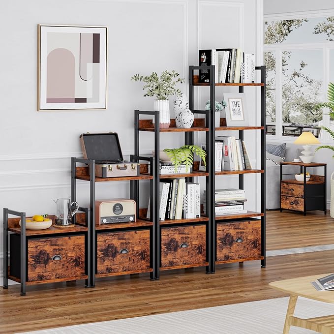 Furologee 4 Tier Bookshelf with Drawer, Tall Bookcase with Shelves, Narrow Bookshelves Storage Organizer, Wood and Metal Display Standing Shelf Unit for Bedroom, Living Room, Rustic Brown
