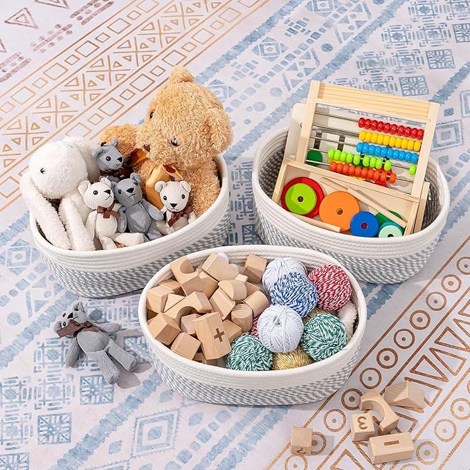 CubesLand Small Baskets, Storage Baskets for Organizing Shelves, Rectangular Woven Storage Basket Natural Cotton Rope Bins Closet Baby Nursery Empty Gifts Basket Off White/Mixed Gray-NeatNest