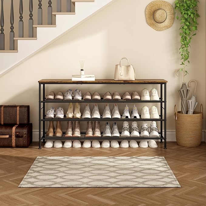Shoe Rack Organizer 4 Tier for Closet Entryway Free Standing Metal Storage Shoe Shelf with MDF Top Board (Black+Rustic Brown, Large 4 Tier)-NeatNest