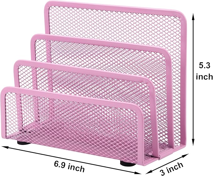 EASEPRES Desk Mail Organizer, Office Small Desktop Metal Mesh Envelope Letter Sorter Paper File Holder Organizer with 3 Vertical Upright Compartments, Pink 2 Pack