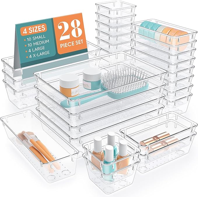 28 PCS Clear Plastic Drawer Organizers Set, 4 Size Desk Drawer Organizer Trays for Makeup, Jewelry, Kitchen Utensils, Gadgets and Office Accessories-NeatNest