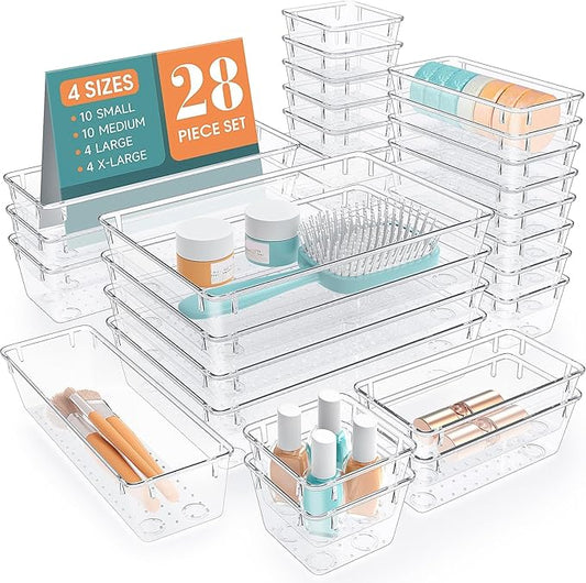 28 PCS Clear Plastic Drawer Organizers Set, 4 Size Desk Drawer Organizer Trays for Makeup, Jewelry, Kitchen Utensils, Gadgets and Office Accessories-NeatNest