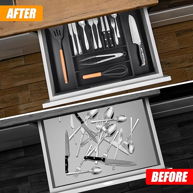 Bellsal Large Premium Bamboo Silverware Organizer - Expandable Utensil Drawer Organizer - 17"x19.6" Utensil Holder and Cutlery Tray with Grooved for Kitchen Flatware and Utensils(7-9 Slot, Black)-NeatNest