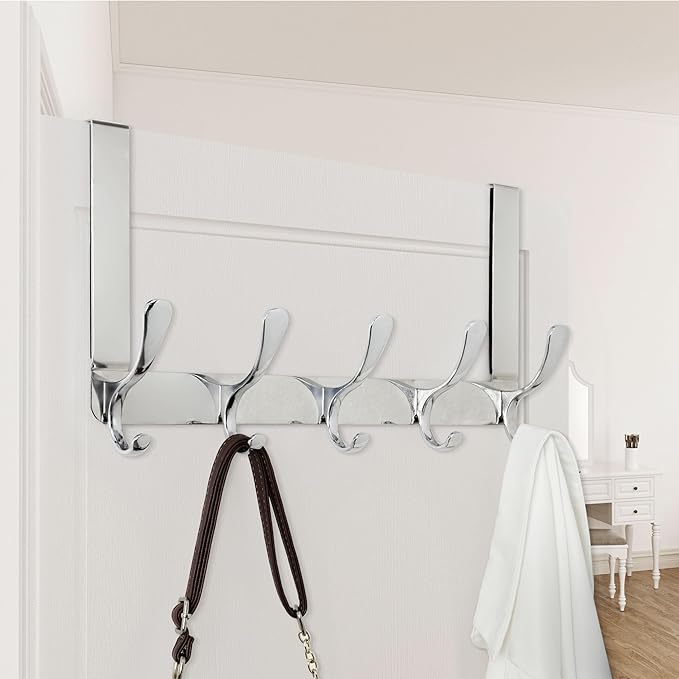 WEBI Over The Door Hook 5 Coat Hooks,Over The Door Towel Rack,Door Hanger Over Door Coat Rack for Hanging Towels,Clothes,Bathroom,Chrome,2 Packs