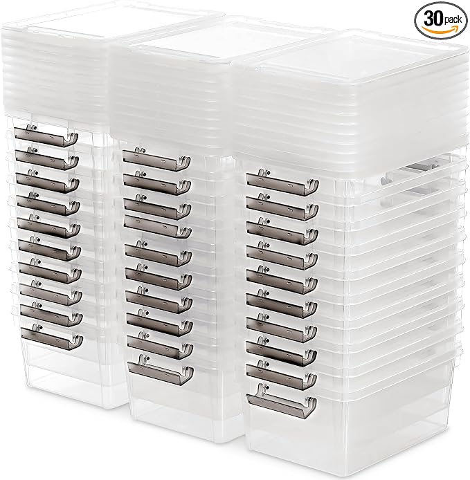 Citylife 1.3 QT 30 Packs Small Storage Bins Plastic Storage Container Stackable Box with Lids for Organizing, Clear White-NeatNest